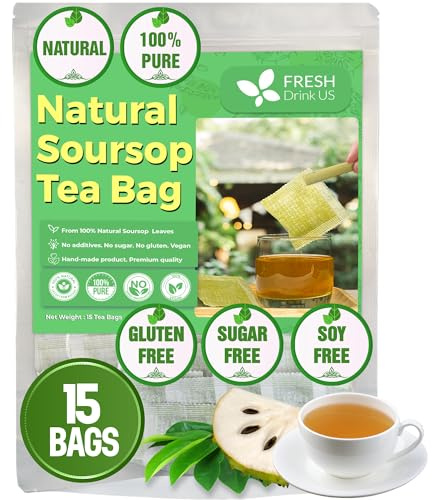 FreshDrinkUS, 15 Premium Soursop Graviola Leaf Tea Bags, 100% Natural and Pure from Soursop Leaves, Handmade, Made With Natural Materials-Corn Fiber Tea Bag, Sugar/ Caffeine/ Gluten Free, Hoja Guanabana Tea