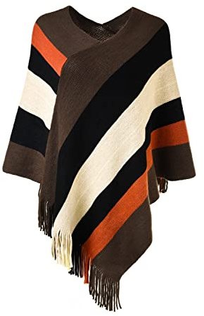 Ferand - Pullover Poncho de Punto para Mujer - Estola, Chal Elegante, Diseño de Rayas Grandes y Flecos, Cálido - Talla única - Marrón y Negro