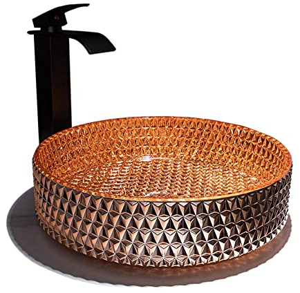 SXLSZ Modern Aufsatzwaschbecken Rund Handwaschbecken G?ste Wc Top Glaswaschbecken, Bad Waschbecken Aufsatz für Badezimmer-Orange mit Wasserhahn