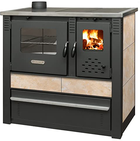 ProTermo Kaminofen Panonia in Beige mit Abzug Links - 10,54 kW Heizleistung - 90x51x85 cm Holzofen mit Backfach, Thermometer und Herdplatte - ohne selbstschließender Tür - Bauart 2