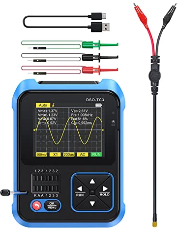 Tragbares Handoszilloskop, 3-in-1 Handheld Oscilloscope, 2,4 Zoll 500kHz Bandbreite mit Transistortest, USB wiederaufladbar Mini Oszilloskop, PWM Rechteckausgang, Funktionssignalgenerator 1-100KHz