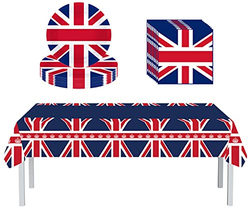 37Pcs Union Jack Tableware Paper Plates,Napkins,TableCloth, King Charles III Coronation Party Decorations Set Union Jack Crowns Coronation Souvenir Party Tableware for Sporting GB Events Street Decor