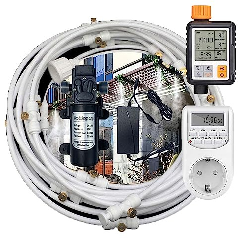 Kit de Sisteme de Enfriamiento por Nebulización con filtro & Cronómetro, Sisteme de Nebulizacion para Exteriores con Bomba silenciosa de 24v