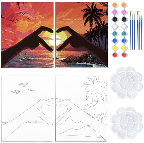 WEBEEDY 2 Pack Pre Drawn Canvas Painting Kit, Sip and Paint Kit for Adults | 20x25cm pre drawn canvas to paint with wood frame; couples nate night; heart sunset beach gift for Valentine's day Christmas
