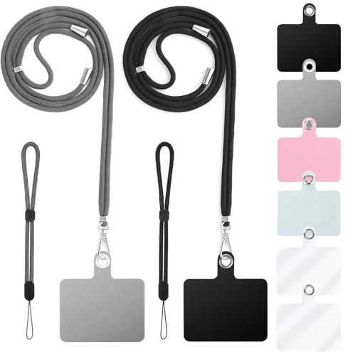cobee Lot de 2 Cordons Tour de Cou pour téléphone Portable + 2 dragonnes de téléphone + 6 Patchs de Sangle de téléphone, Cordon croisé en Nylon, Sangles de Poignet en Nylon, Patch en PVC avec Anneau