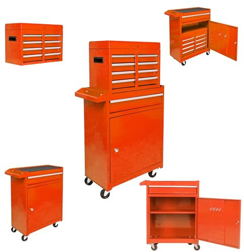 Werkzeugkiste mit Rollen, 5 Schubladen, tragbarer Werkzeugkasten auf Rollen, hohe Kapazität, Werkzeugkiste für Garage, Werkstatt, Basteln zu Hause (Orange)