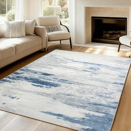 VK·LIVING Bereich Teppich Abstrakte 14.5mm Dicke Teppiche Moderne Weiche Faux Anti-Rutsch Wohnzimmer Teppiche Mittlere Flor Teppich für Schlafzimmer Büro Leicht zu Reinigen Blau & Grau 120X170CM