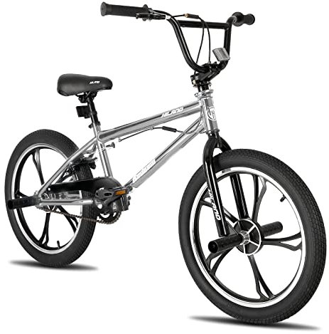 Hiland 20 Inch 5 Spoke Kids BMX Bike for Boys Girls Ages 7-13, 360 Degree Rotor Freestyle, 4 Pegs Single Speed Kid’s BMX Bicycle, Silver