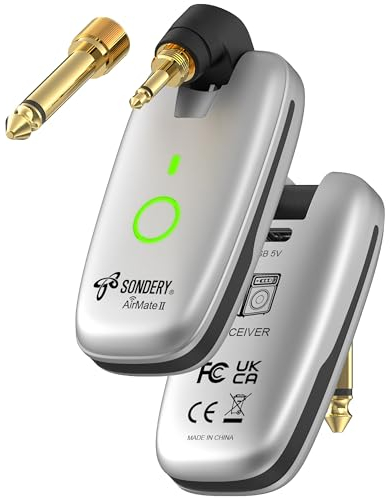 Sondery Drahtloses Gitarren-System: Sender und Empfänger, kompatibel mit mehreren Instrumenten: Gitarre, Bass, Keyboard, Schlagzeug, 7 Kanäle, 6-Stunden-Akkulaufzeit, AirMate II UHF, wieder aufladbar
