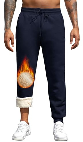 TMEOG Träningsbyxor för män och vinterbyxor i bomull med termisk fleece för sport, med dragsko och blixtlåsficka, Blå (med manschetter), XXL