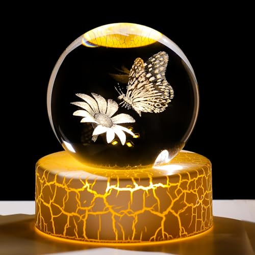 Ornalrist 6cm Crystal Ball 3D Butterfly and Flower Gifts for Women Ornament | with Warm Light Stand, Engraved 3D Butterfly Figurine, 6cm Glass Globe, for Friends Mum Birthday Christmas Mother's Day