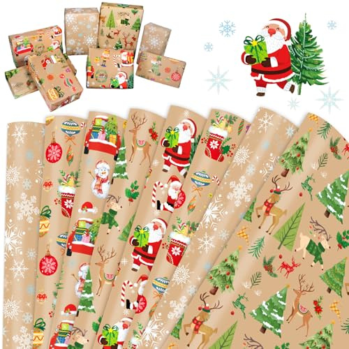 HOWAF 8 Hojas Papel Regalo Navidad Kraft, Papel de Regalo Navidad Copos de Nieve, Papa Noel, Reno Embrulho Natal para Decoración Navideña, Cumpleaños, Año Nuevo