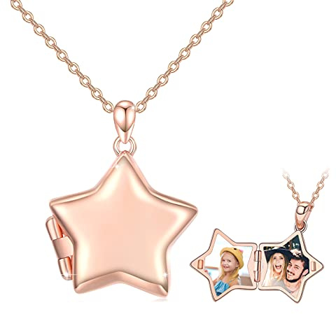 OHAYOO Medaillon Zum Öffnen für Bilder 925 Sterling Silber Stern Kette Mädchen Mit Bild Foto Amulett Zum Öffnen Stern Schmuck Geschenke für Frauen Mädchen Kinder