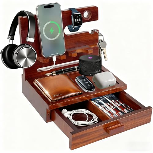 Station d'accueil pour téléphone en bois, organiseur de chevet et de bureau 2 en 1 avec support de téléphone et tiroir amovibles, organiseur de chevet en bambou, compatible avec téléphone, iPad