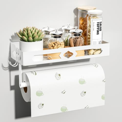ZDDLOINP Spice Rack with Paper Towel Holder Roll and Hooks, Wall Mounted Spice Rack, Metal Seasoning Organizer Shelves for Kitchen, White