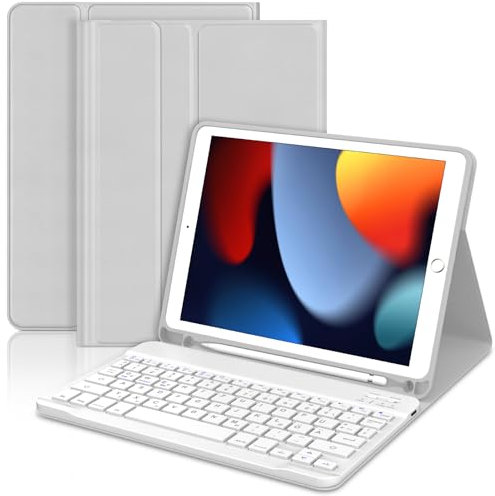 JADEMALL Für iPad 6. Generation Hülle mit Tastatur, Abnehmbare Bluetooth Tastatur Hülle für iPad 5./6. Gen, Pro 9.7, Air 1 & 2, QWERTZ Deutsch, mit Stifthalter – Hellgrau