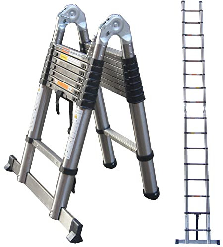 Echelle Télescopique Extensible 5m, Professionnelle Échelle Pliable Acier Inoxydable - Escabeau Loft Télescopique Une Barre Stabilisatrice, Charge Maximale 150kg, EN131 (2,5m+2,5m)
