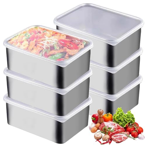6 Stück Aufschnittboxen für Kühlschrank, 13.8x5.7x10.8CM Lebensmittel Aufbewahrungsbox, Gefrierbehälter Edelstahl Behälter mit Deckel, Aufschnittdose, Frischhaltedosen Stapelbare für Fleisch, Obst