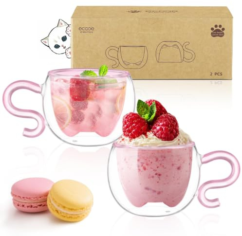 ecooe 130ml Süße Rosa Katze Doppelwandige Kaffeegläser Espressotassen 2er-Set, Katzentasse Geburtstagsgeschenk Geschenke für Frauen, Freundin, Mama, Kinder, Espresso Gläser für Eiskaffee und Milch