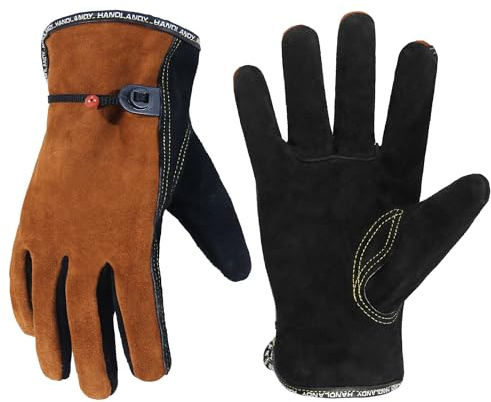 HANDLANDY Leather Work Gloves, Cowhide Leather Thorn Proof Working Gloves, for Tig Mig Welding, Woodworking, Driving, Tool Handling, Gardening (Black-Camel, XL)