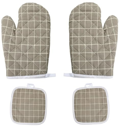 Rieoany Guantes para Horno Cocina y Manoplas Horno de Algodón, Set de 2 Guantes Algodón Resistentes al Calor y 2 Almohadillas para Cocina, Guantes Barbacoa con Aro para Colgar