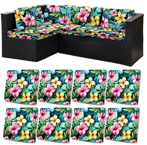Hiseng Housses de Coussin d'extérieur Extensible Imprimé Floral Tropical, Housses de Coussin de Siège Canapé de Remplacement Amovibles pour Salon de Jardin Terrasse (Plumeria,8 pièces)