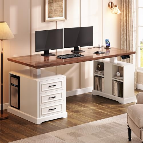 SEDETA Farmhouse Electric Standing Desk, 63 Height Adjustable Computer Desk with 3 Drawers, Storage Shelves, Power Outlets, Wood Home Office Stand up Desk for Work, Study, Writing, White