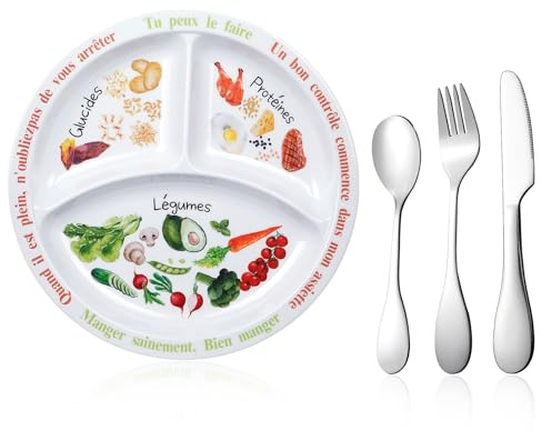 Platos de control de porciones para nutrición equilibrada – Platos de alimentación saludable para adultos y adolescentes – Divisiones de melamina para pérdida de peso, diabetes