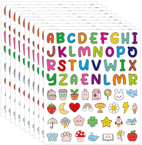Cartoon Alphabet Stickers for Water Bottles – 10 Sheets Colourful Vinyl DIY Letter Stickers with Touch Coating for Lunch Box, Phone, Cup, Laptop or Gift Wrapping(Colourful)