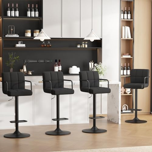 Ckaff Tabouret de Bar Lot de 4, Tabouret de Cuisine Pivotants 360°,Chaise de Bar Réglable en Hauteur en Velours avec et Repose-Pieds, Dossier, Accoudoirs pour Cuisine, Comptoir, Bar, Noir
