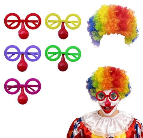 Carnival Clown Kostüm für Kinder, 2 Stück Clown Kostüm Set, Herren Damen, Regenbogen Lockenperücke und Rote Nasenbrille, Faschingskostüme Kinder, Karneval Verkleidung für Fasching, Cosplay