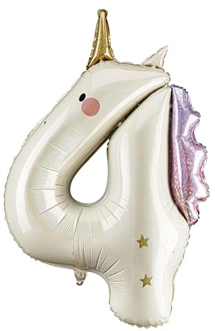 XXL Einhorn Folienballon Zahl 4 Geburtstag Deko Mädchen – Riesiger Zahlenballon Creme Gold mit Holografie Effekt – Für 4. Kindergeburtstag – Helium & Luft Geeignet