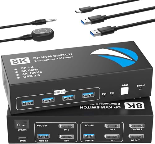Switch KVM 8K @ 60Hz 2 bildskärm 2 dator displayport, KVM-switch dubbel bildskärm med 4 portar USB 3.0 tangentbordsdelning mus skrivare, datorbrytare för 2 datorer, strömbrytare