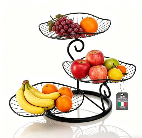 Mihoho Portafrutta con 3 Ripiani，Porta Frutta da Tavolo a Piani, Cesto Portafrutta a Ripiani per Verdura,per Risparmiare Spazio, per Dolci e Verdure (Nero Q)