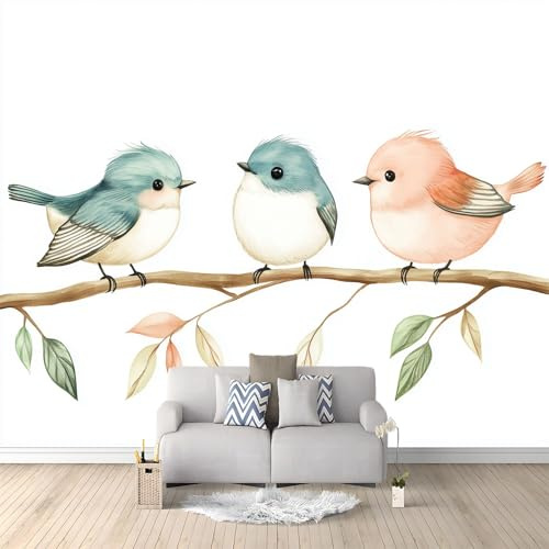 Grande carta da parati murale con uccelli e rami botanici 300 x 210 cm (larghezza x altezza), carta da parati fotografica con animali ad acquerello, decorazione da parete per camera da letto