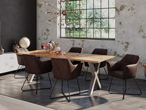 SAM 7tlg. Essgruppe Dora 220 x 100 cm, Mangoholz massiv & naturfarben, Baumkantentisch mit X-Metallgestell in Silber + 6X Stuhl Kirin in Wildleder-Optik