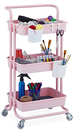 Relaxdays Rollwagen, 3 Etagen, Allzweckwagen, Hobby, Büro, Bad, Küchenwagen HBT: 86x43x42 cm, Metall & Kunststoff, rosa