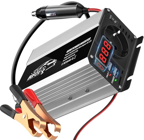 BGFOX 400W Spannungswandler DC 12V auf 230V AC Wechselrichter Modifizierte Sinus Stromumwandler mit 4.8A-Dual-USB-Anschluss, Laden Sie Ihr Laptop,für iPhone, iPad, Tablet Und Mehr - Silber
