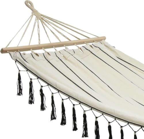 zeitzone Hängematte Ibiza Fransen Stabhängematte Weiß-Schwarz Outdoor Camping 100x200cm