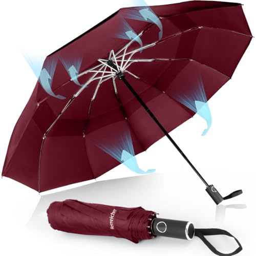 Herreicher Ombrello Pieghevole Antivento Pioggia da Viaggio - Nuovo Portatile Ombrelli per Uomo Automatico Ombrello da Pioggia Pieghevole Leggero Ombrello Inverso Resistenti alle Tempeste (Rosso)