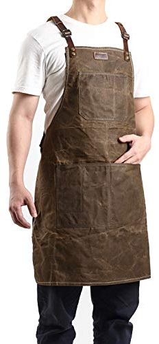 Midkit Waxed Canvas Apron for Woodworkers Carpenters Work Apron with 5 Tool Pockets By Waterproof Goods Adjustable Crossback One Size (Dark Coffee)