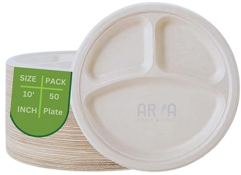 Arya PACKAGING Disposable Plates 10” inch 3 Compartment Round Plates, Sugarcane Bagasse Paper Trays, Perfect for Parties Picnics Family Dinners and Celebration Portion Control Plates. (Pack of 50)