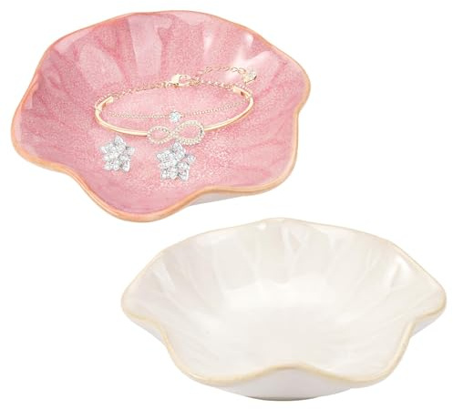 2 Pcs Ceramic Jewelry Dish, Flower Shaped Decorative Trinket Tray, Trinket Tray for Keys, Small Ring Dish Holder, Ceramic Trinket Dish Gift for Women and Girls (Pink and White)
