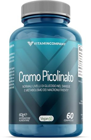 VitaminCompany - Cromo Picolinato - Supporto al Mantenimento di Normali Livelli di Glucosio nel Sangue ed al Metabolismo dei Macronutrienti, 60 Compresse