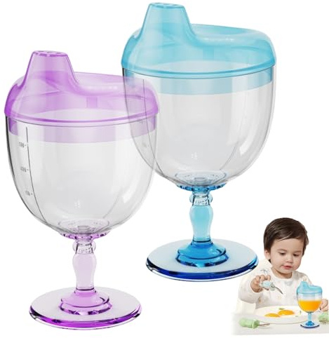 Lot de 2 gobelets à vin 150 ml en verre transparent pour bébé en plastique avec couvercle pour enfants sans déversement pour le lait et les jus