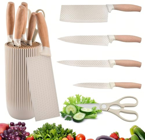 Caossuixin Kitchen Knife Set - 6 Piece Kitchen Knives Sets, Non-Stick Stainless Steel Knife Block Set with Knives, Super Sharp Knives Sets with Ergonomic Handle, for Cutting Vegetables/Meat/Fruit