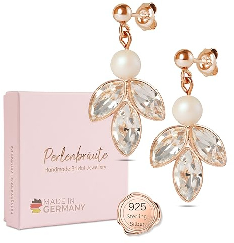 Schmuck Damen Zirkonia und Perlen Hochzeit – premium 925 Silber Schmuckset & Ohrringe Braut – hochwertiger Brautschmuck Perlen – Schmuckset gold Braut – Brautohrringe - Geschenk