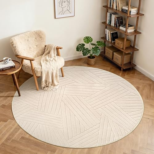 BEIMO Tapis Rond 120cm Beige Salon Chambre, Polyester 3D Poils Courts Lavable