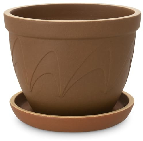 Vaso da fiori rustico, resistente al gelo, in ceramica, 20 x 17 cm, colore marrone, con sottovaso, resistente alle intemperie, per esterni e interni