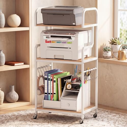 COSTWAY 3-Tier Rolling Printer Stand, Large Printer Cart (Natural)